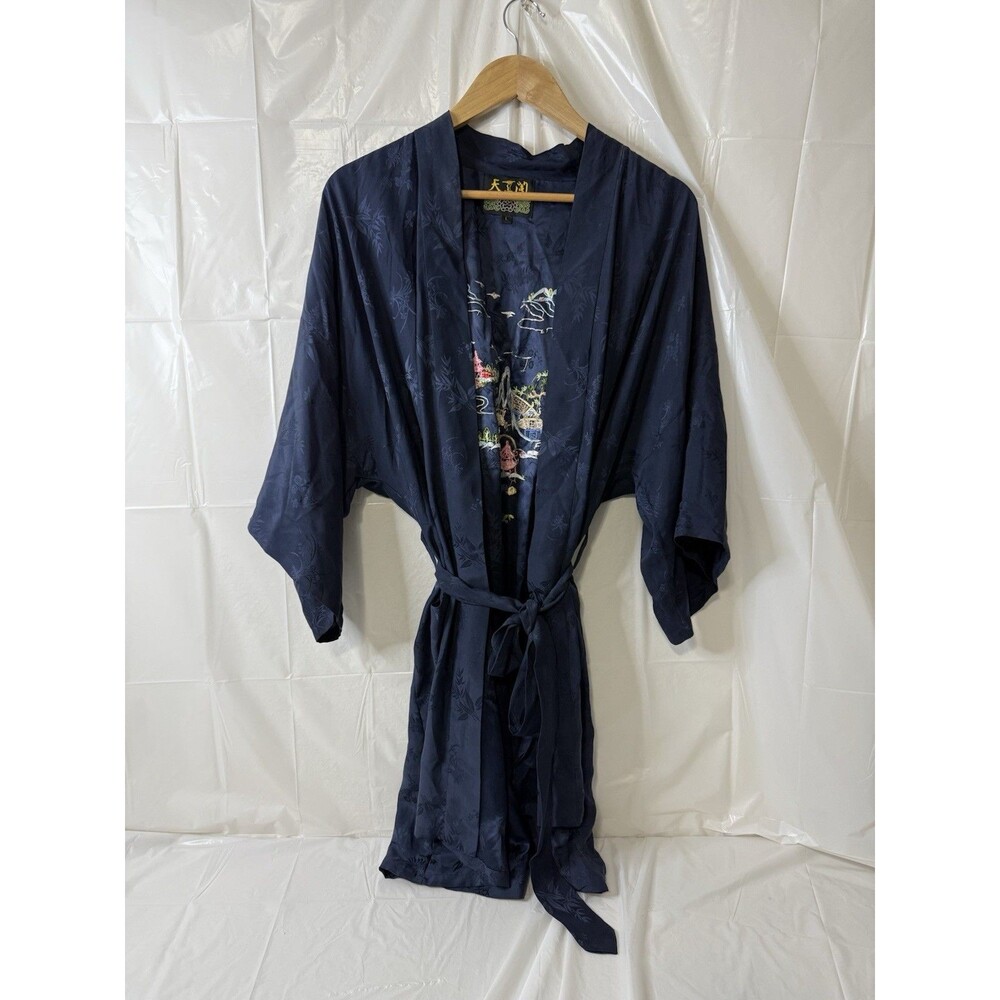 Vintage Chinese Embroidered Kimono Robe Navy Blue Floral Jacquard Landscape